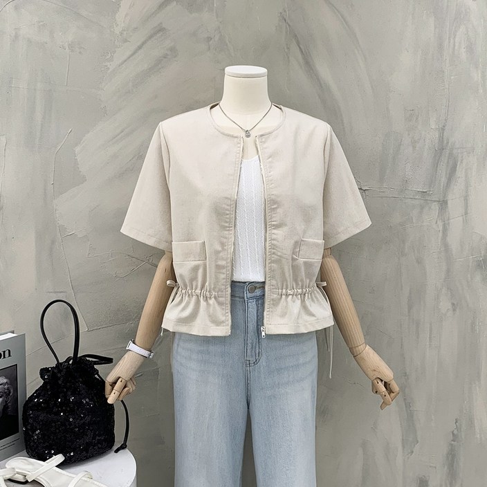 행복여 미카 양 포켓 절개 노카라 린넨 반팔 자켓
