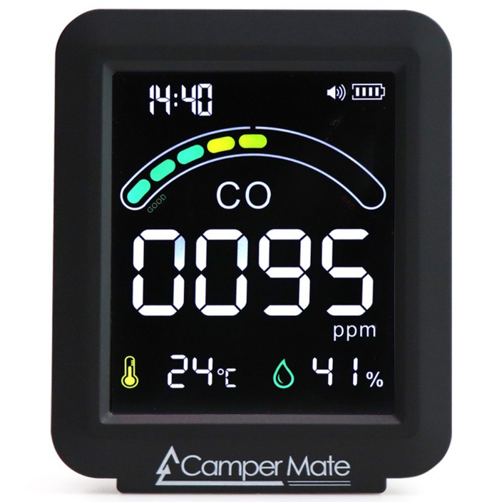 캠핑 일산화탄소 경보기 측정기 감지기 차박 난방 안전 난로 팬히터 가스 CO 휴대용 USB충전 밝기조절 온습도 시간표시 강력경보음 LCD화면, 블랙, 1개