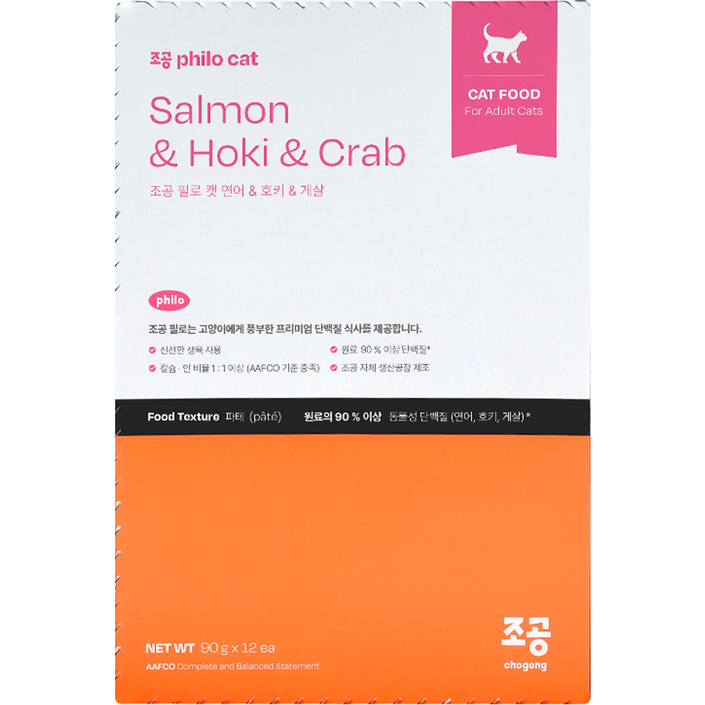 조공 고양이 어덜트 필로캣 습식사료 12p 1080g, 연어 호키 게살, 90g, 12개
