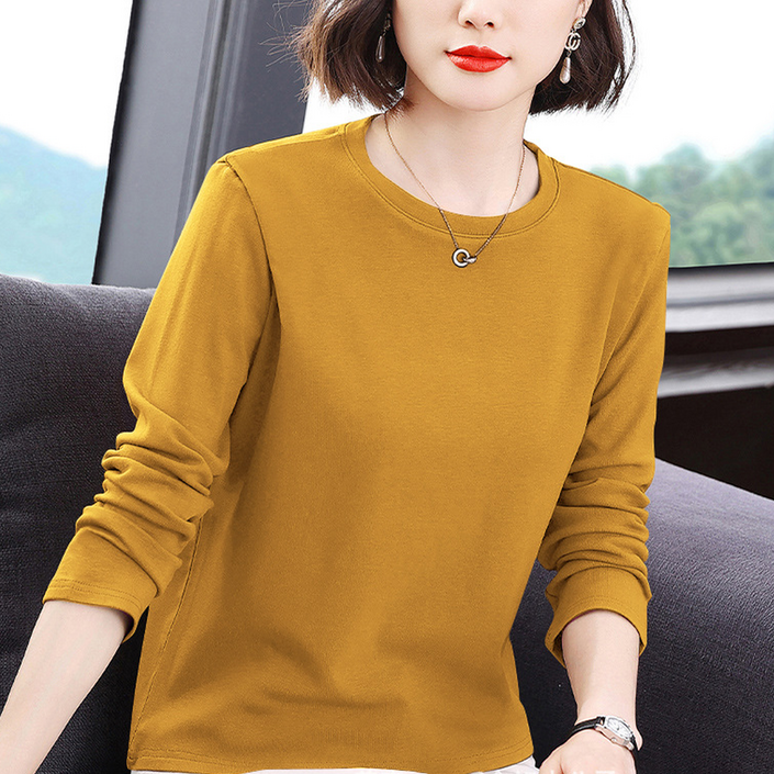 여신 여성용 베이직 데일리 무지 라운드 긴팔 티셔츠 YSFRT