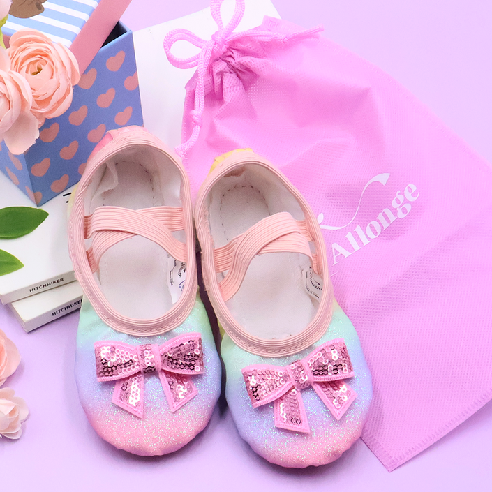 비단길 아동용 로타리본 레인보우 발레슈즈  파우치 세트