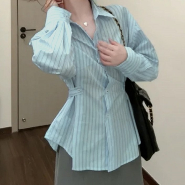더플로우커머스 여성용 로맨틱 무드 허리절개 스트라이프 셔츠