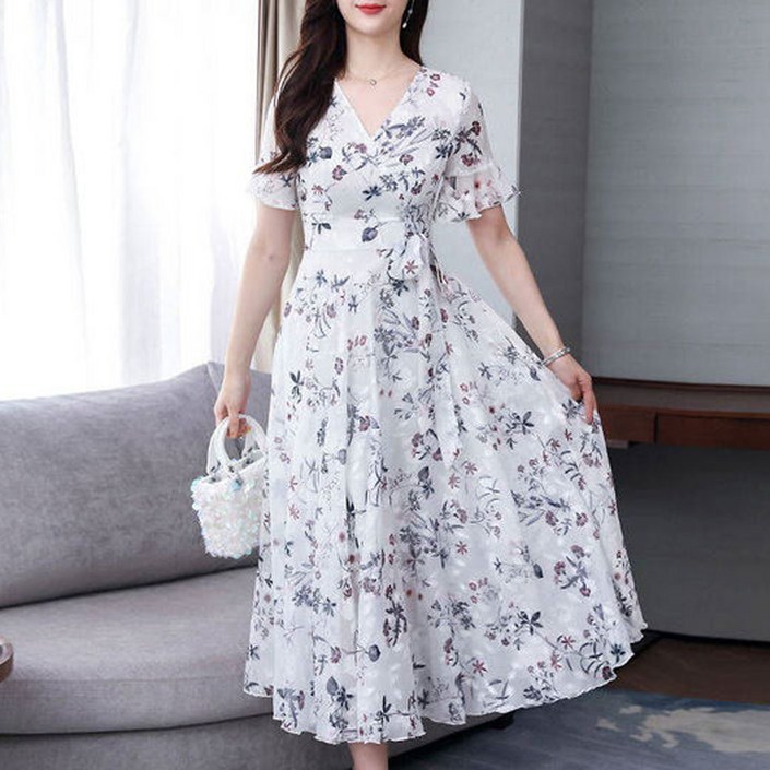 더시럽 여성용 V넥 플라워 패턴 롱 원피스