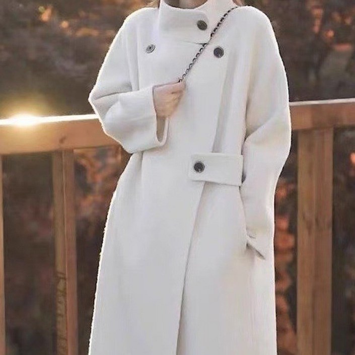 구디프 여성용 스탠드카라 심플 버튼 하이넥 클래식 롱 코트