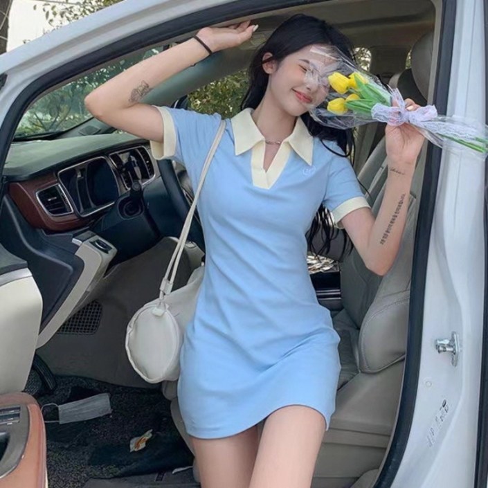 피어니스트 컬러 배색 브이 카라 미니 원피스