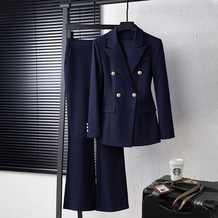 ROYALBELLE 여성 수트 세트 허리라인 슬림핏 긴팔 정장 자켓  와이드 팬츠 오피스 비즈니스 투피스 D01012813