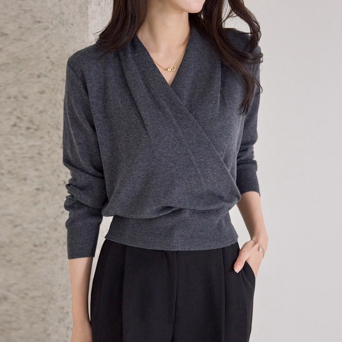 모리스커밍홈 숄카라 겹브이넥 랩 니트M2510KN646C