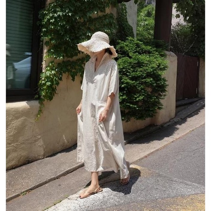 루엔나 여성 린넨 원피스 반팔 빅사이즈 롱 원피스 면마 여름 가을