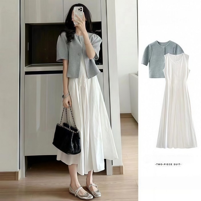 정싱 여름  화이트 롱원피스  블루 상의 미디  니트 가디건 나시 원피스 투피스 패션 세트