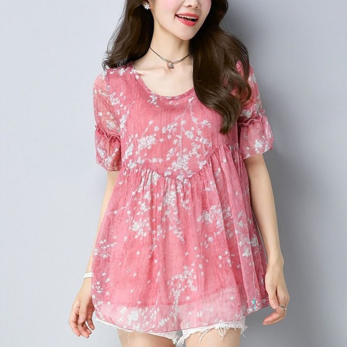 ROYALBELLE 여성 우아한 반팔 플라워 프린트 쉬폰 티셔츠 소프트 캐주얼 패션 블라우스 A0040819 ROYALBELLE 여성 우아한 반팔 플라워 프린트 쉬폰 티셔츠 소프트 캐주얼 패션 블라우스 A0040819