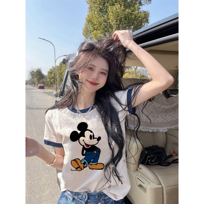 [당일 배송] 화이트 미키 체리 티셔츠 여름 코튼 패션 캐주얼 반팔 루즈 프린트 귀여운 트렌드 스타일