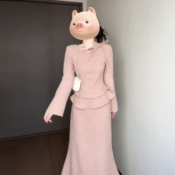 [해외배송]부드러운 분위기 신중국식 핑크 프릴 원피스 여성 가을 겨울 고급 니트 롱 원피스 세트