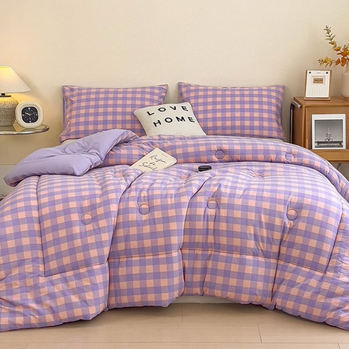 SeekFun 차렵이불 예쁜 체크무늬 두꺼운 핑크 보라 겨울이불 워싱 이불 사계절 가정용