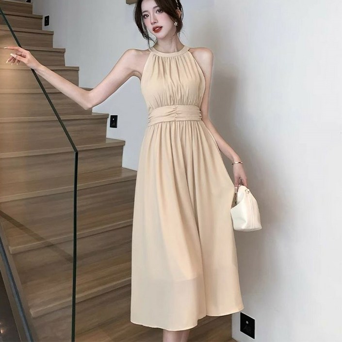 besteffie 롱원피스 여성 결혼식하객룩 여름 원피스 민소매 주름 쉬폰 드레스 쉬폰 K97