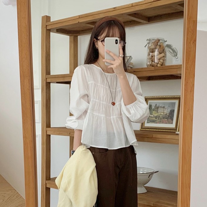 SXL사이즈여성 여리 러블리 퍼프 셔링 주름 밴딩 긴팔 블라우스 빅사이즈 L XL