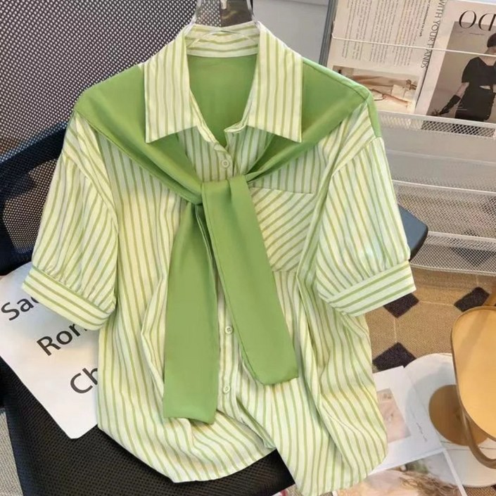 당일 출고 여성용 시크 스트라이프 반팔 셔츠, 여름 블라우스 숄, 페이크 투 루즈 셔츠, 한국 오피스 레이디 캐주얼 상의 포켓