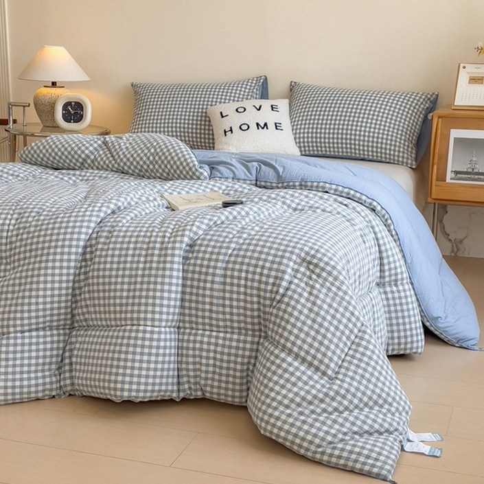 SeekFun 차렵이불 체크무늬 두꺼운 겨울이불 워싱 이불 사계절 가정용