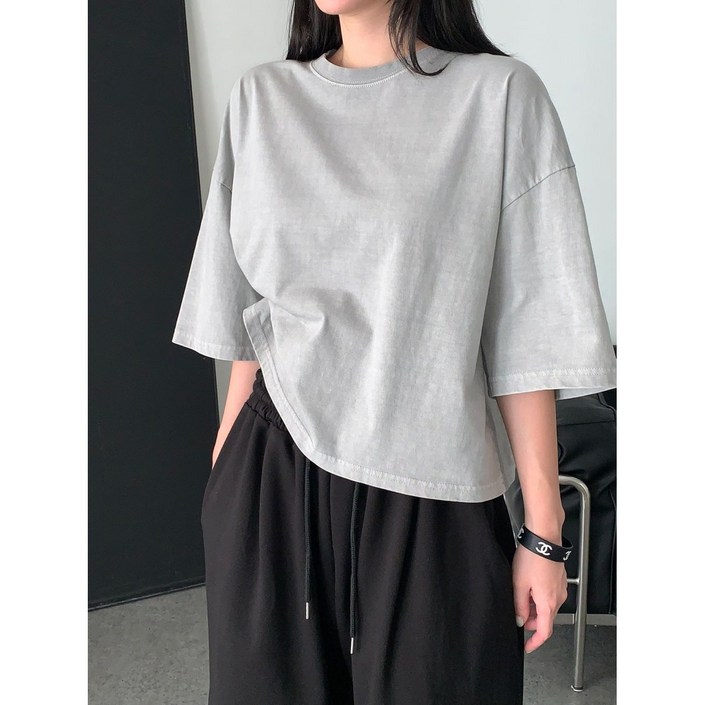 AVIDEVE 여자 피그먼트 세미크롭 반팔티셔츠