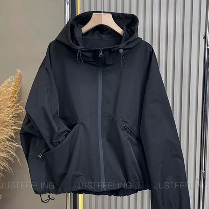 JUSTFEELING 트렌치코트 봄 가을 바람막이 점퍼 캐주얼 남녀공용 후드 집업 여성 크롭 자켓 상의 아우터 코트 야상 잠바 D10U