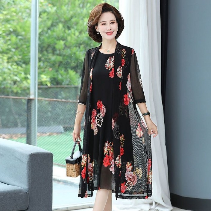 중년 여성 봄 여름 원피스 투피스 고급 쉬폰 케이프 원피스 캐주얼 가디건 원피스 세트 중년 여성복 빅사이즈 YMY