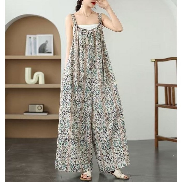 미시108 빅사이즈6699까지여성 셔링 점프수트 날씬해 보이는 쿨 인견 루즈핏 여름 멜빵 와이드 팬츠 치마바지