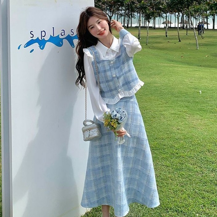 COSYEVNO 여성 봄 스커트 세트 체크 패션 카라넥 셔츠롱치마 투피스