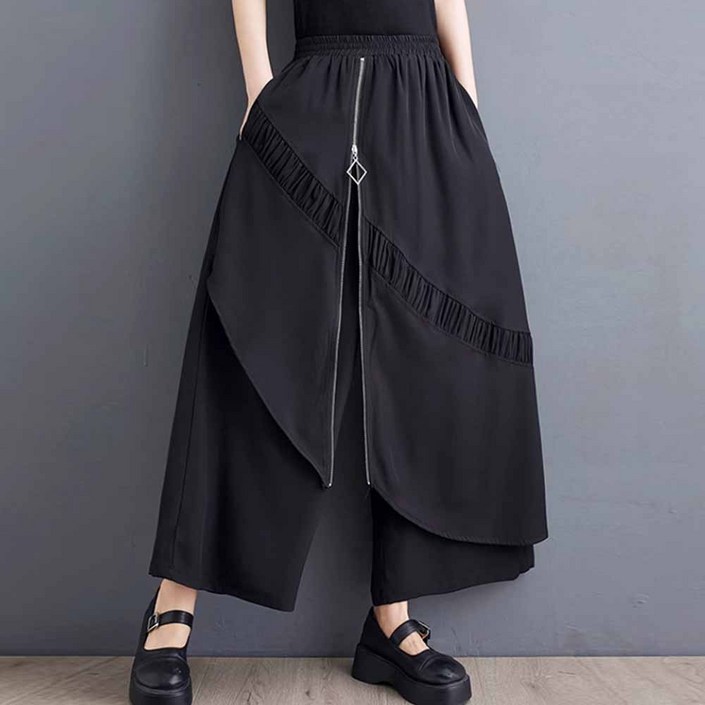 코카마니 여성 앞지퍼 이중 레이어드 밴딩 와일드 팬츠 편한 바지 덴코ZA112