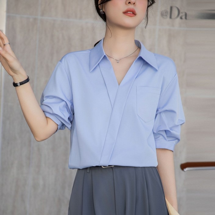 SAHINER 여성 긴팔 셔츠 루즈핏 브이넥 오피스룩 봄가을