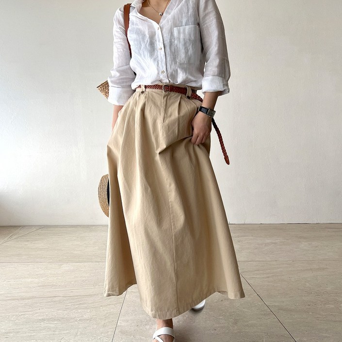 네모엔룩 에이핏코튼벨트 여성용 허리뒷밴딩 워싱면 A라인 캐주얼 플레어 벨트세트 롱 스커트, 스커트1벨트1, 총2종