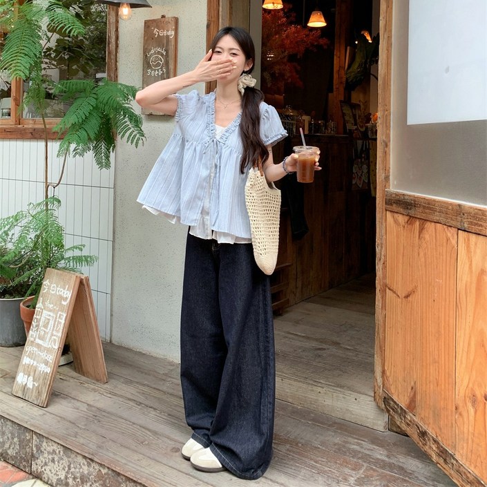 투에그 여성 레이어드프릴 스트라이프 블라우스