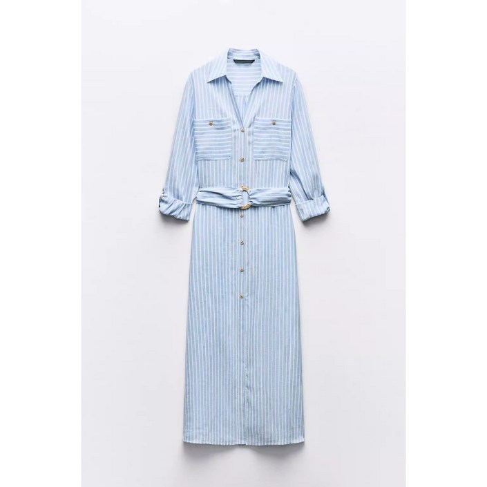 ZARA 여성원피스 데이트룩 링 벨트 린넨 스트라이프 셔츠 드레스