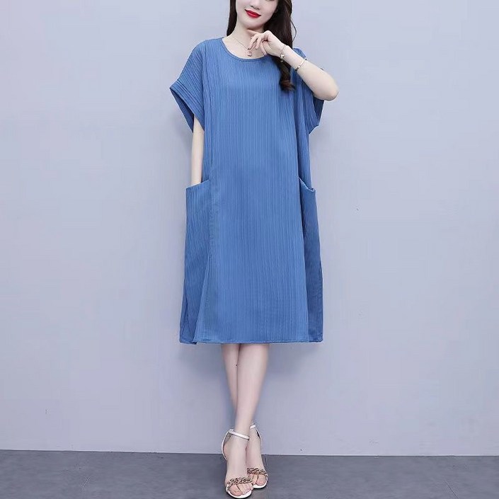 AOKADA 중년 여성 오버핏 플리츠 롱 원피스 여름 반팔 빅사이즈