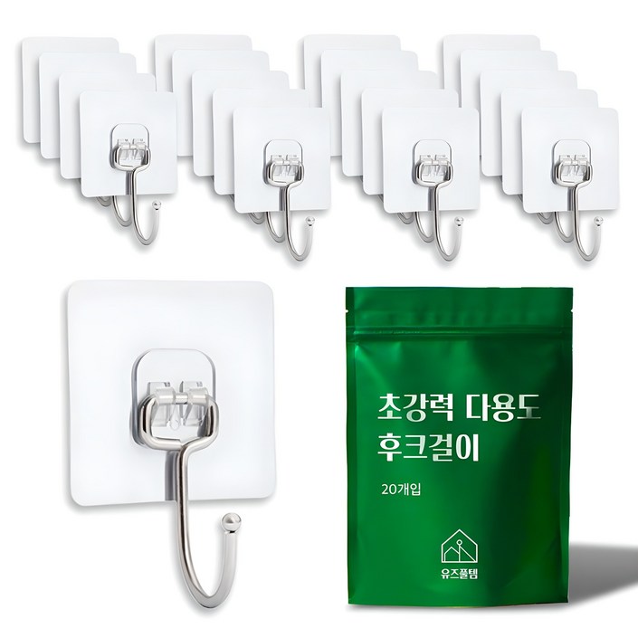 유즈풀템 초강력 무타공 접착식 벽부착 걸이 후크, 투명, 20개 유즈풀템 초강력 무타공 접착식 벽부착 걸이 후크, 투명, 20개