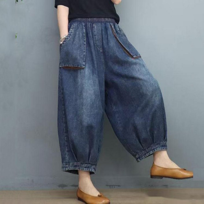 Gradle 빅사이즈 여성 밴딩 배기청바지 데님 팬츠 오버핏 바지 데일리룩 청바지 여자 와이드 9부청바지 스판 배기팬츠