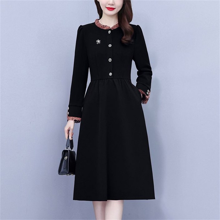 besteffie 여성 긴팔 롱 원피스 봄 가을용 오피스룩 우아한 a라인 클래식 빅사이즈 엄마 하객룩 정장 원피스 Q15