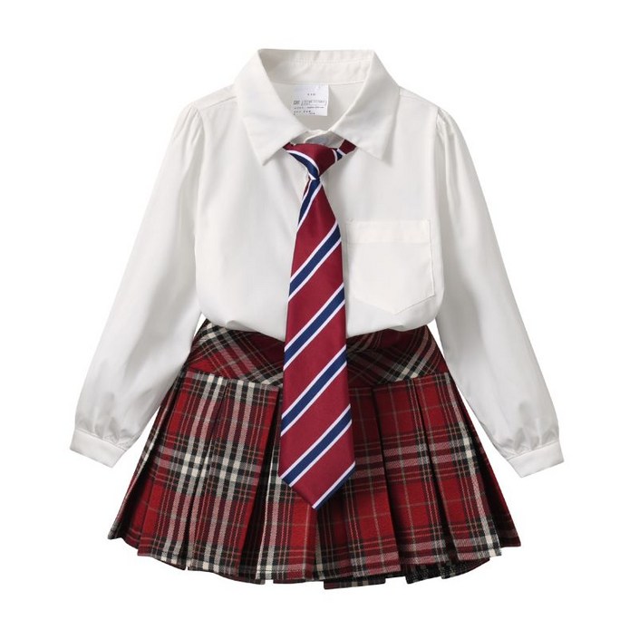 루비키즈 여아 유아 봄 가을 스쿨룩 기본 흰셔츠 체크 치마 넥타이 3종 세트복 E114