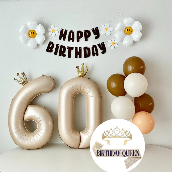 연지마켓 환갑이벤트 데이지 숫자 풍선 환갑 칠순 생일 파티 용품 세트, 1세트, 베이지60+풍선다발+왕관+어깨띠