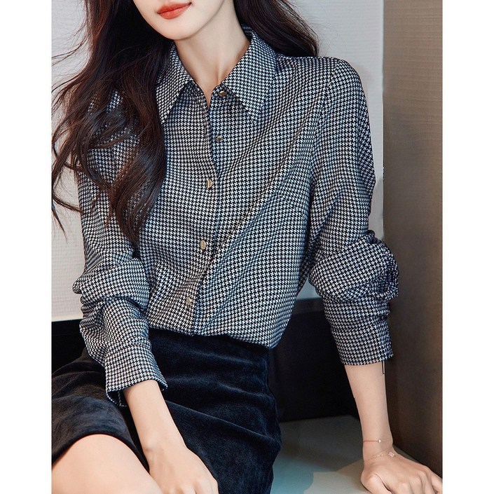 POMTOR 여성 니트 체크 셔츠 가을 카라넥 루즈핏 데일리룩