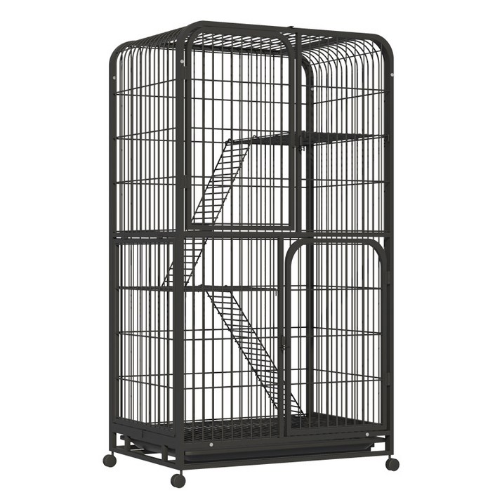 리빙가감법 반려동물 고품질 조립식 4단 고양이 케이지 튼튼한 메탈 간편이동 잠금 가능한 바퀴가 있는 탈출 방지 고양이 철장 이동식 고양이 대형 케이지, 1개, 블랙
