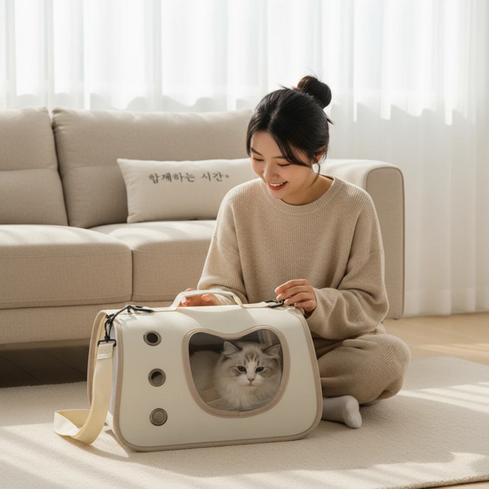 고양이 이동가방 반려동물 슬링백 투명창 통풍 경량 숄더백, 1개, 베이지색