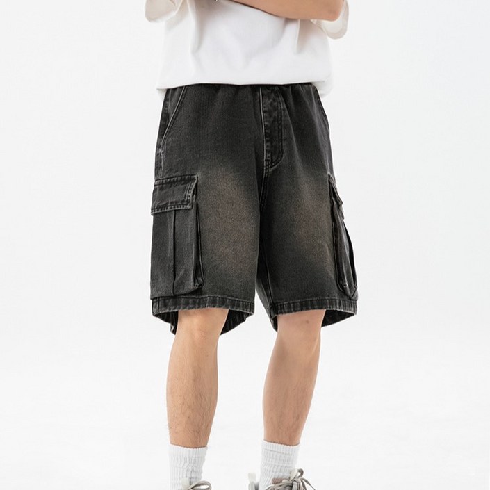 로르빈 남녀공용 워싱 카고바지 버뮤다팬츠 데님 청 반바지 5부바지 카고바지 5부 청바지