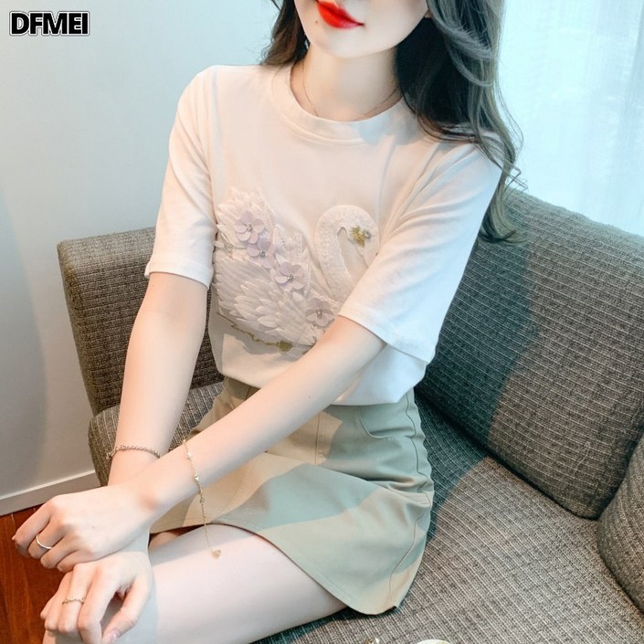 DFMEI 라운드 맨투맨 순수티 스파이크 서양풍 날씬해 보이는 반팔 상의녀