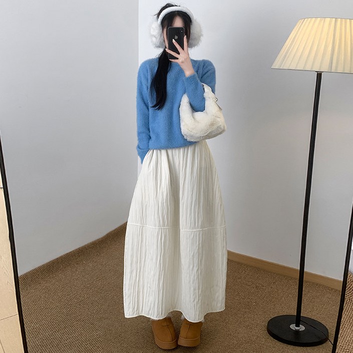 봄가을용 핏 예쁜 여성 사계절 롱 플레어 스커트 신축성 하이웨이스트 에이라인 플레어 스커트 미디기장 A라인 주름 루즈핏 플리츠 롱 스커트