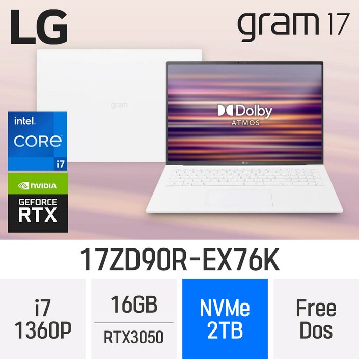 [RTX 3050 탑재] LG전자 2023 그램17 (13세대) 17ZD90R-EX76K - 최신형 고성능 노트북 *밸류팩/무선마우스 증정*, 17ZD90R-EX76K, Free DOS, 16GB, 2TB, 코어i7, W