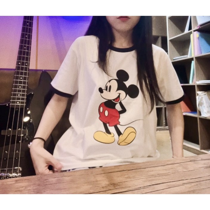 디즈니 미키 배색 티셔츠,3co 데일리룩 반팔 라운드 티 캐주얼 귀여운 여성복 면100 여행룩 주말 나들이 편하고 예뻐요