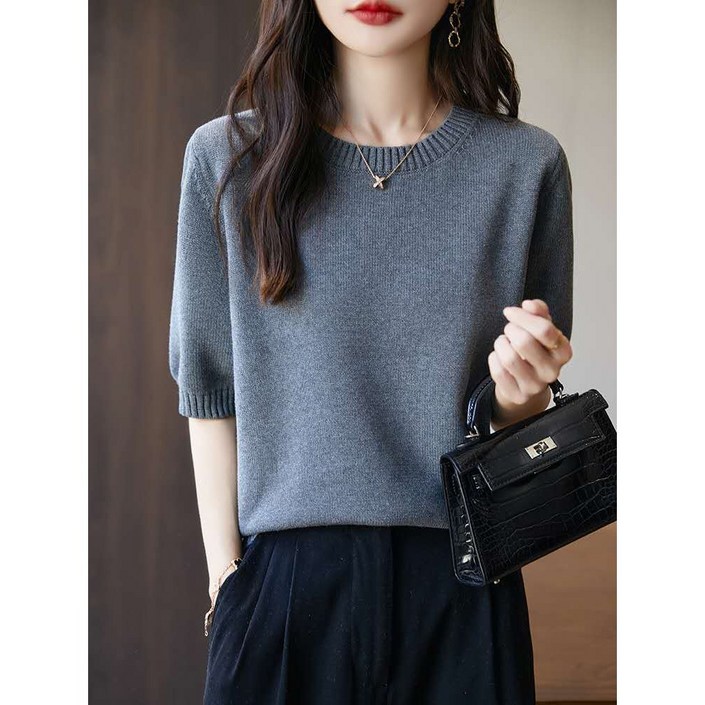 LUMIBEAN 여성 라운드넥 루즈핏 도톰한 두겹 순면 반팔 니트