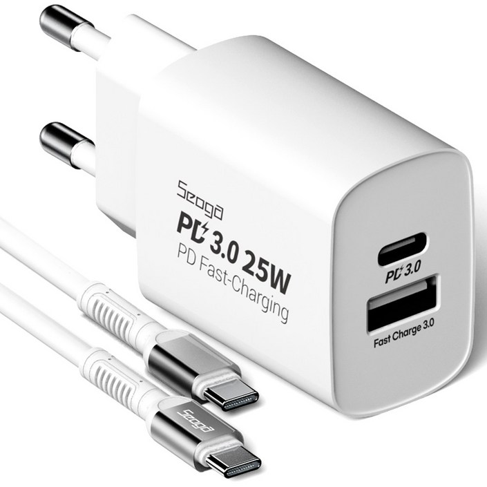 서가 25W PD3.0 PPS 2포트 멀티 C타입 초고속 충전기60W 메탈 고강도 CtoC 초고속 케이블 1.5m, 화이트, 1세트