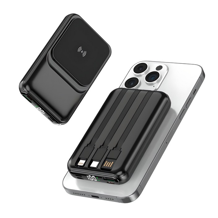 맥세이프 호환 보조배터리 대용량 20000mAh 15W무선PD22.5W 고속충전 케이블 일체형 LCD잔량표시, 블랙, 1개, W010