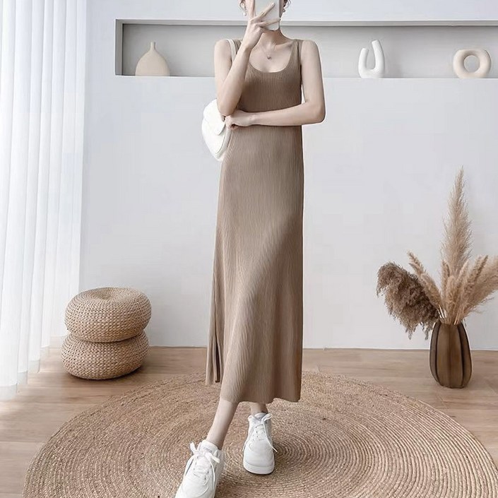 PLUS 골지 여름니트원피스 노래방용 슬림스퀘어넥원피스