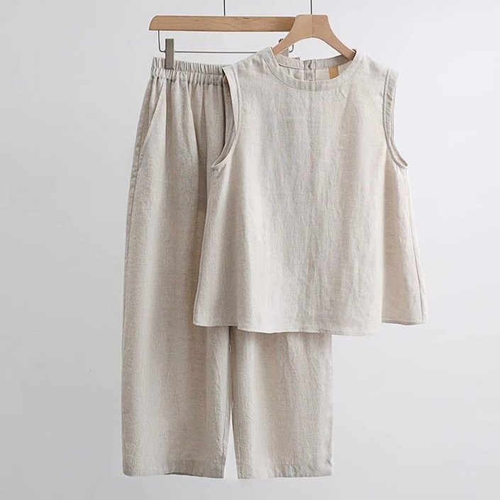 지고다그 여름용 린넨 투피스 여성 세트 시원한 민소매 티셔츠 통바지 캐주얼 데일리 마혼방 편한 ZK5029